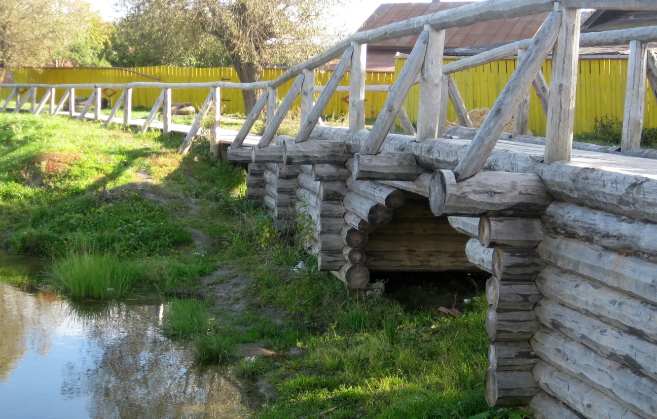 Photo wallpaper autumn, lake, wooden bridge
