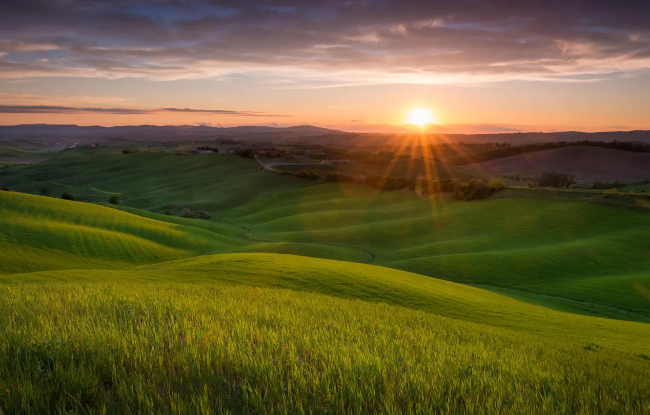 Photo wallpaper field, the sun, landscape, sunset, nature, hills, Italy, Tuscany
