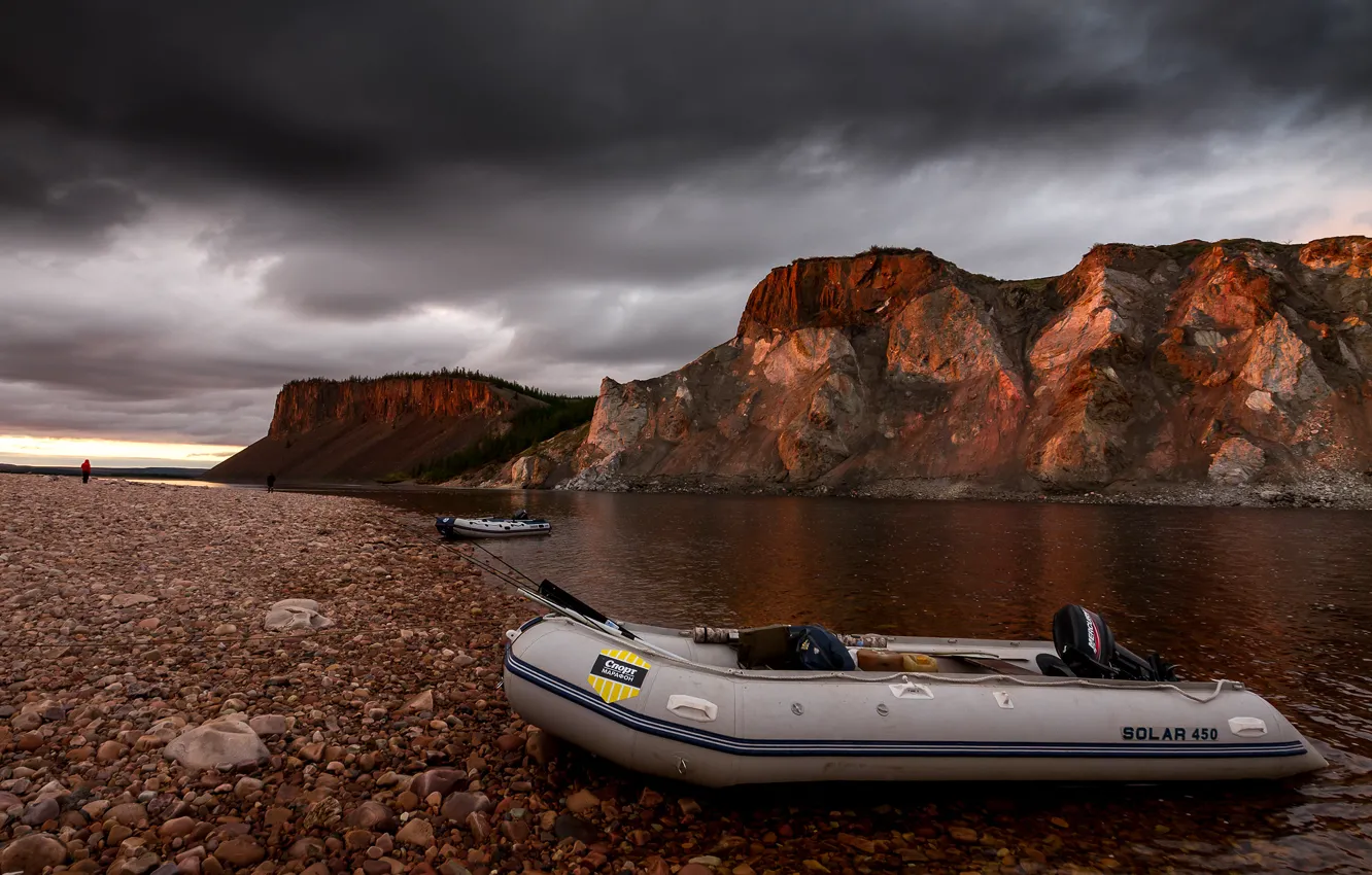 Photo wallpaper the sky, mountains, clouds, river, stones, shore, boat, people