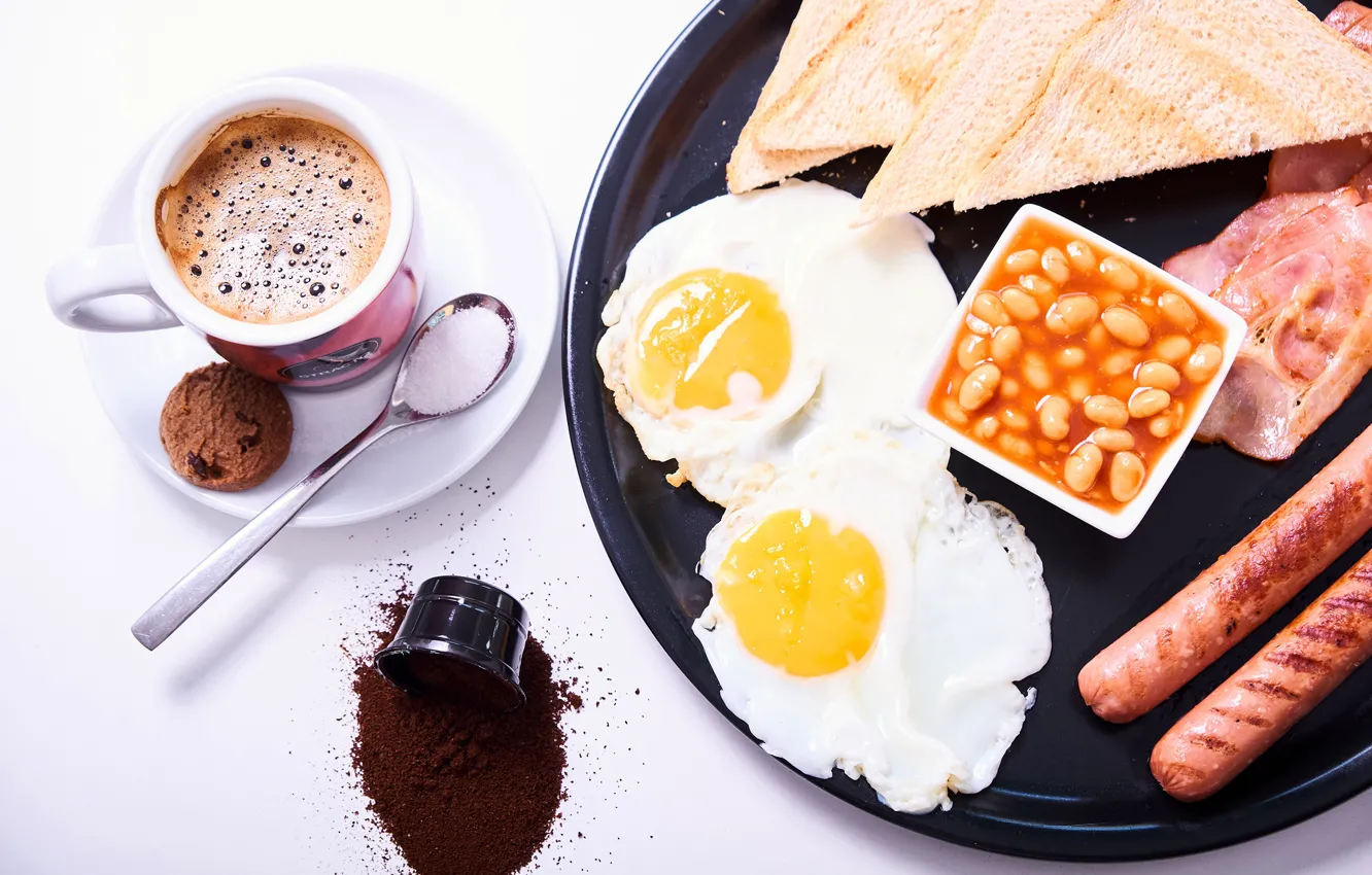 Photo wallpaper table, sausage, coffee, eggs, Breakfast, spoon, Cup, meat