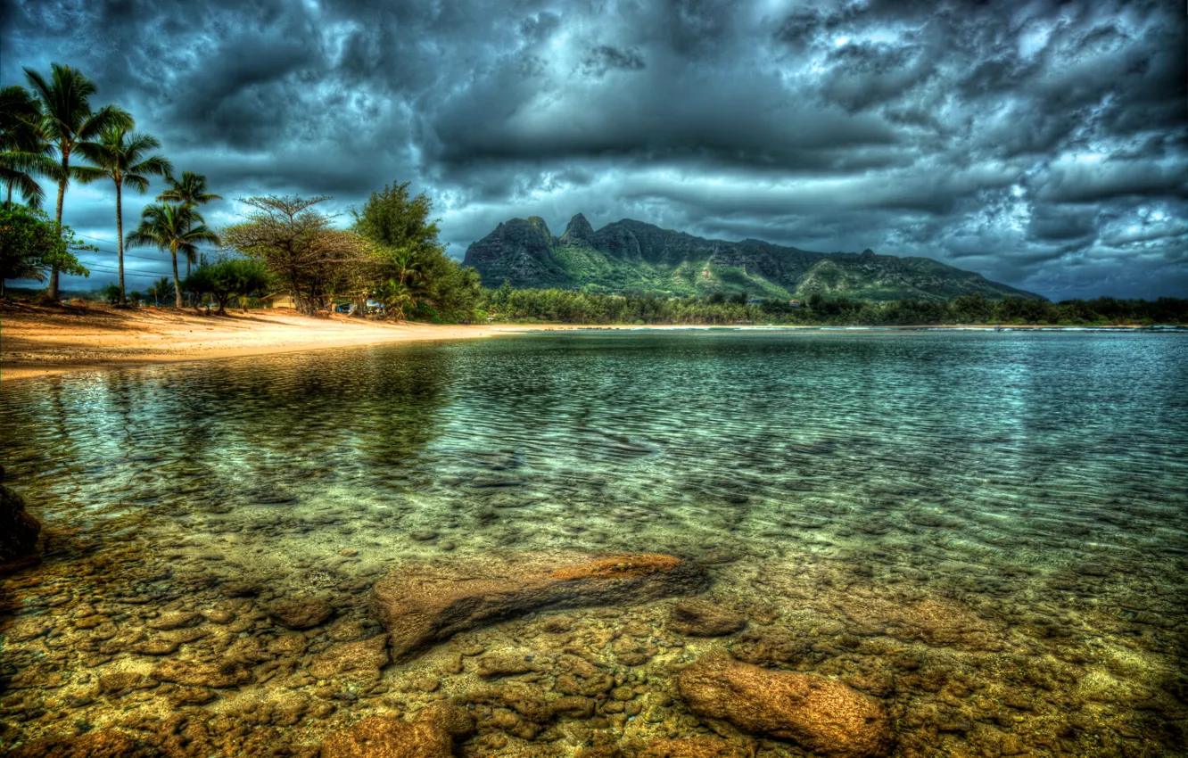 Photo wallpaper the sky, clouds, trees, mountains, lake, tropics, hdr