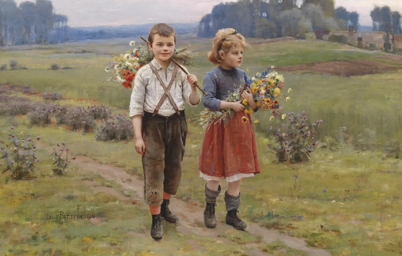 Photo wallpaper French painter, 1895, French painter, Caesar Pattan, Cesar Pattein, The kids are coming home, Children …
