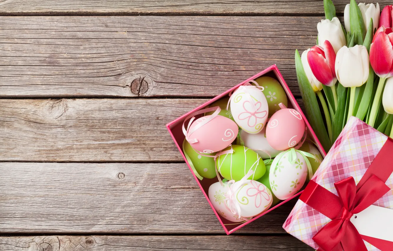 Photo wallpaper flowers, eggs, spring, colorful, Easter, red, wood, flowers