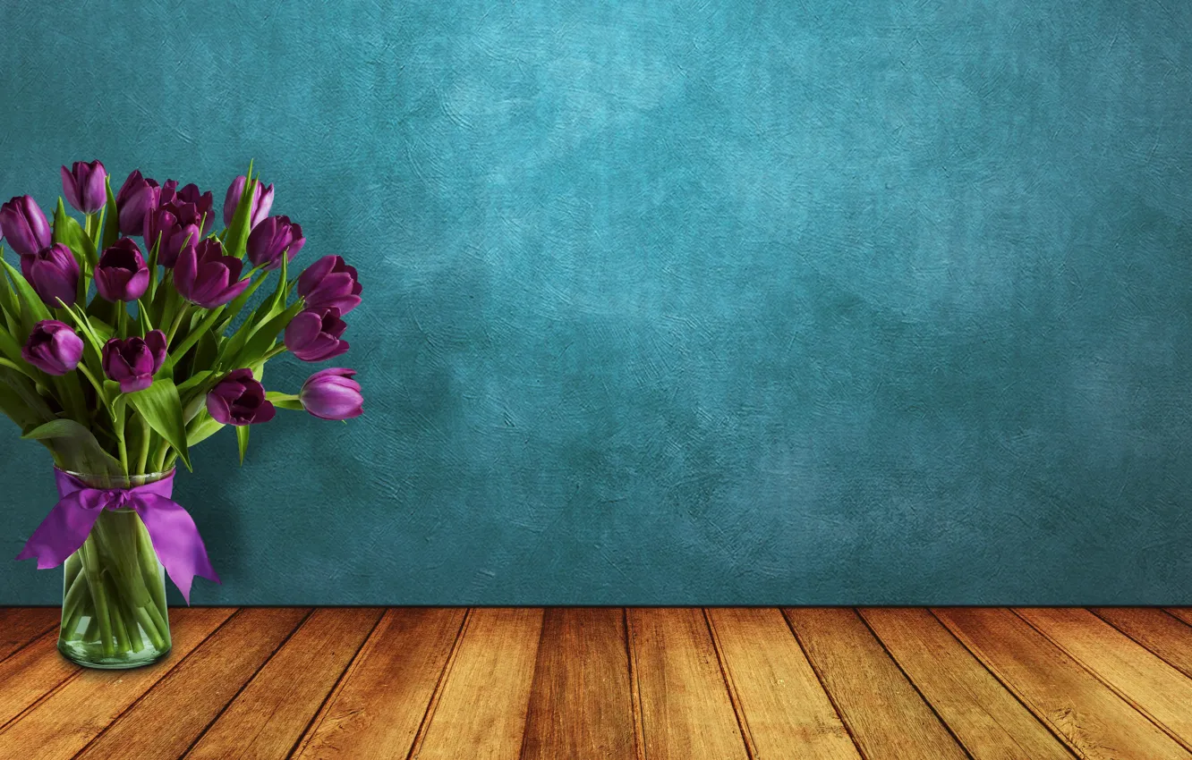 Photo wallpaper flowers, bouquet, tape, tulips, vase, wood