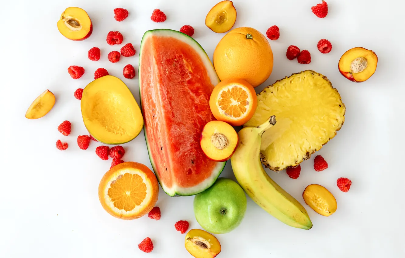 Photo wallpaper berries, raspberry, apples, orange, watermelon, bananas, fruit, pineapple