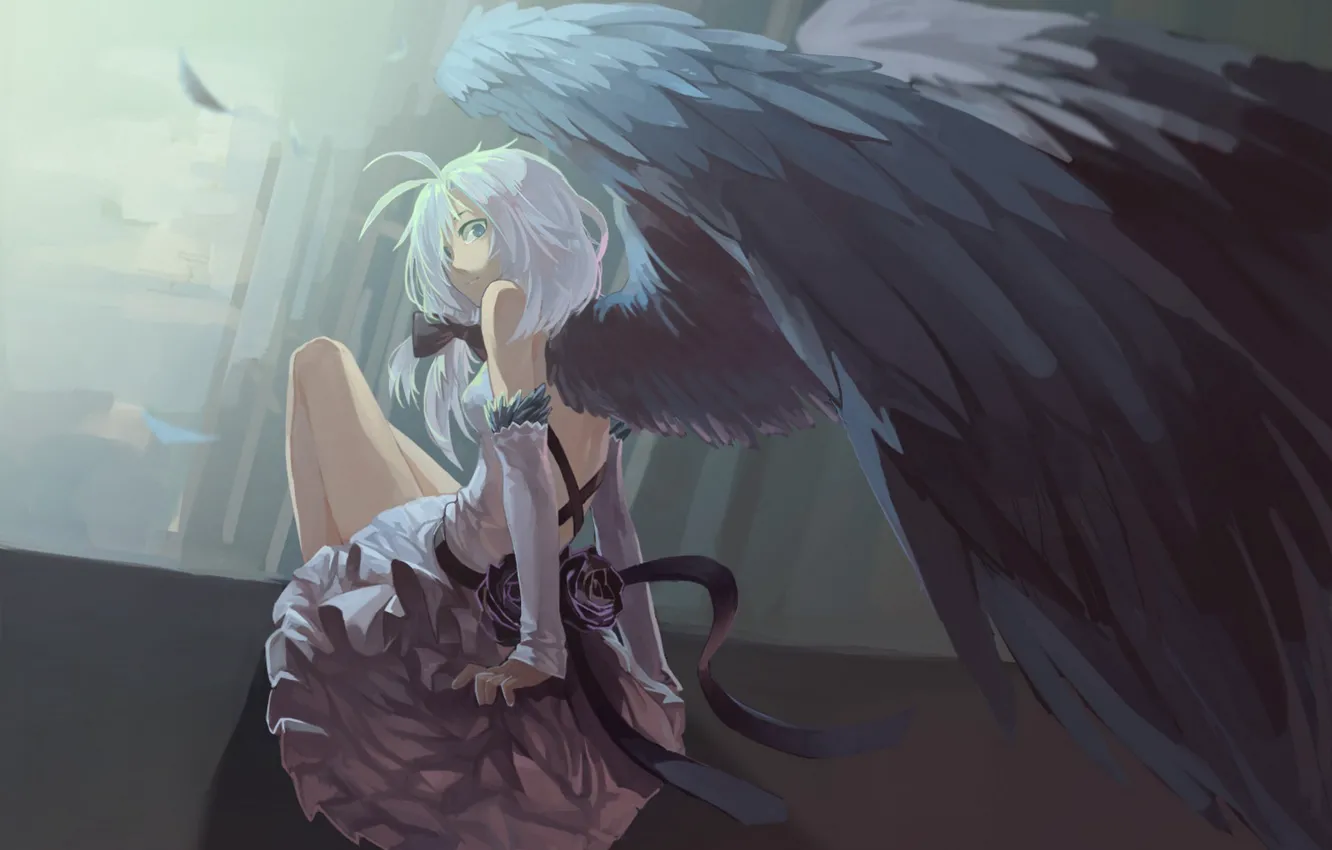 Photo wallpaper girl, flowers, roses, wings, angel, anime, feathers, art