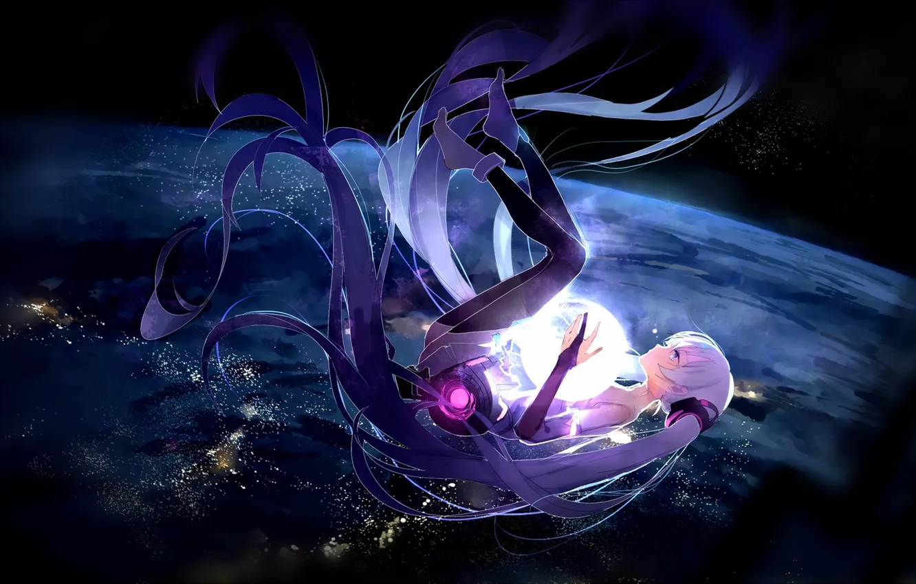 Photo wallpaper girl, space, stars, lights, earth, planet, anime, art