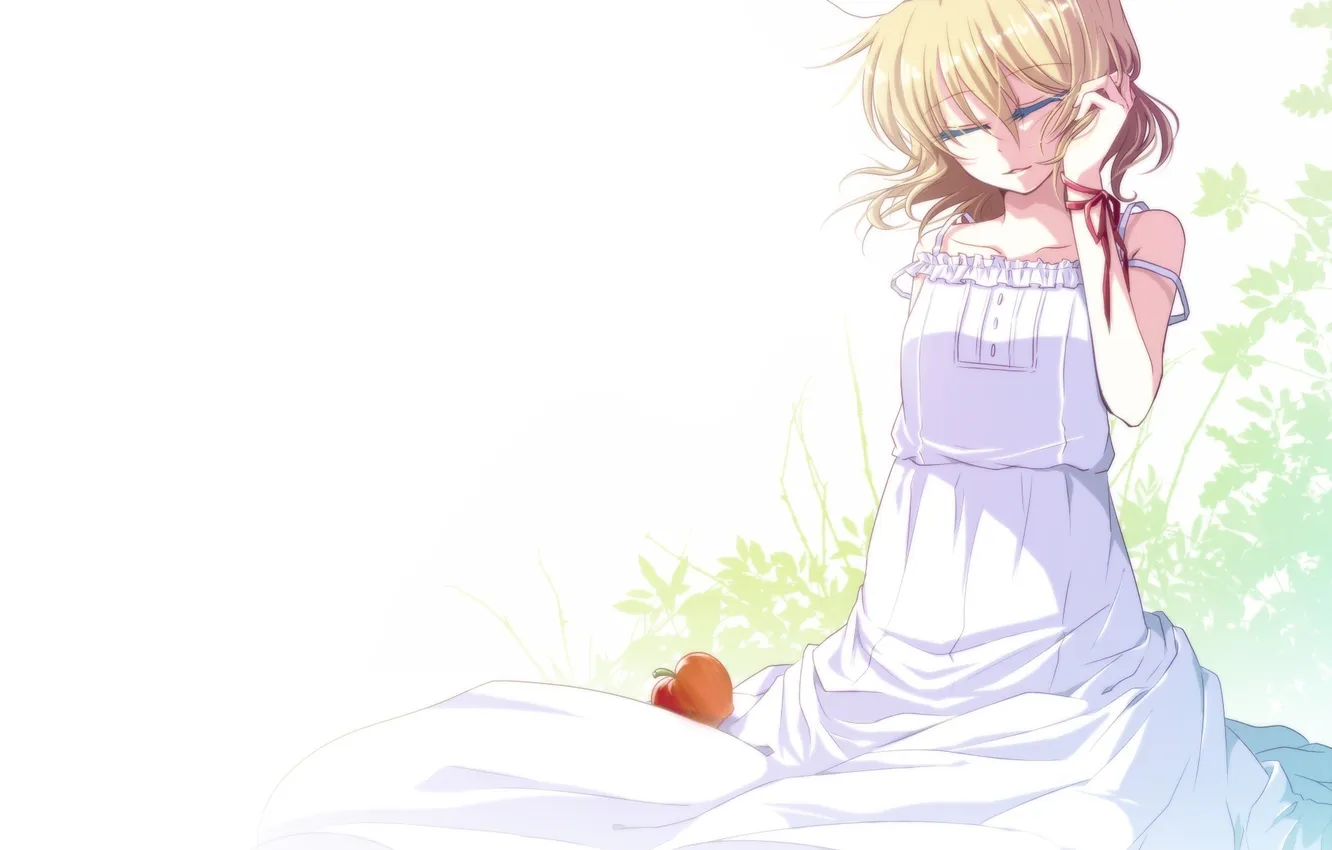 Photo wallpaper girl, apples, art, fruit, vocaloid, bow, kagamine rin, Vocaloid