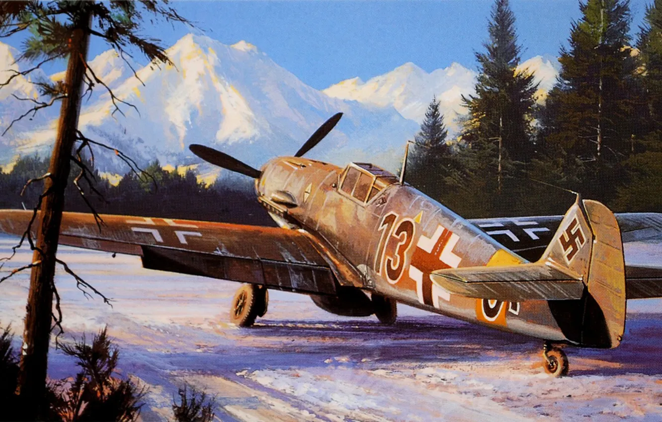 Photo wallpaper winter, figure, fighter, Nicholas Trudgian, Bf109F