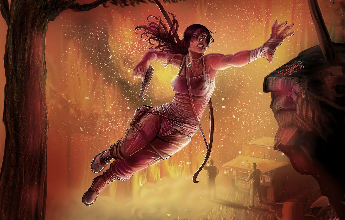 Photo wallpaper gun, jump, bow, Tomb Raider, Lara Croft, Lara Croft