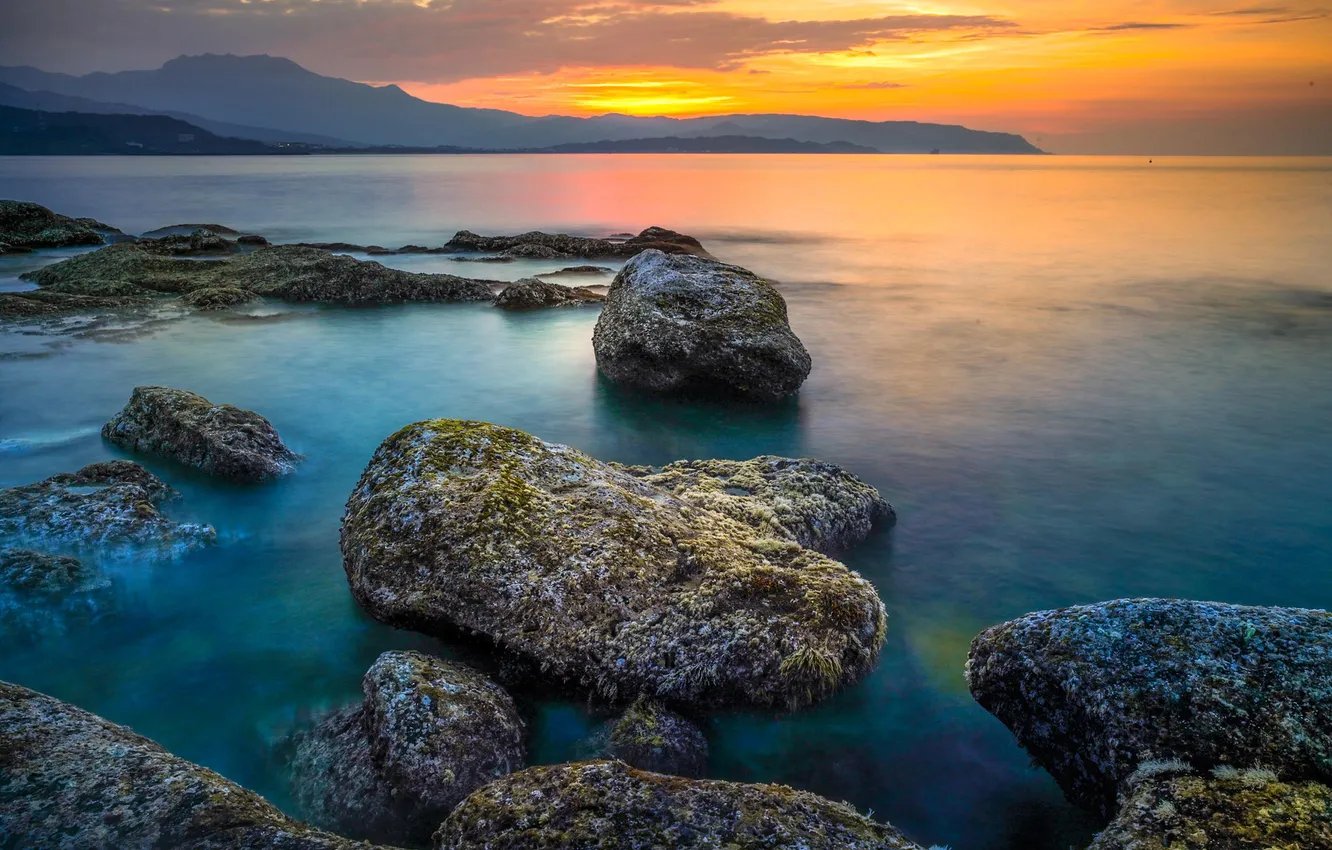 Photo wallpaper landscape, sunset, mountains, lake, shore