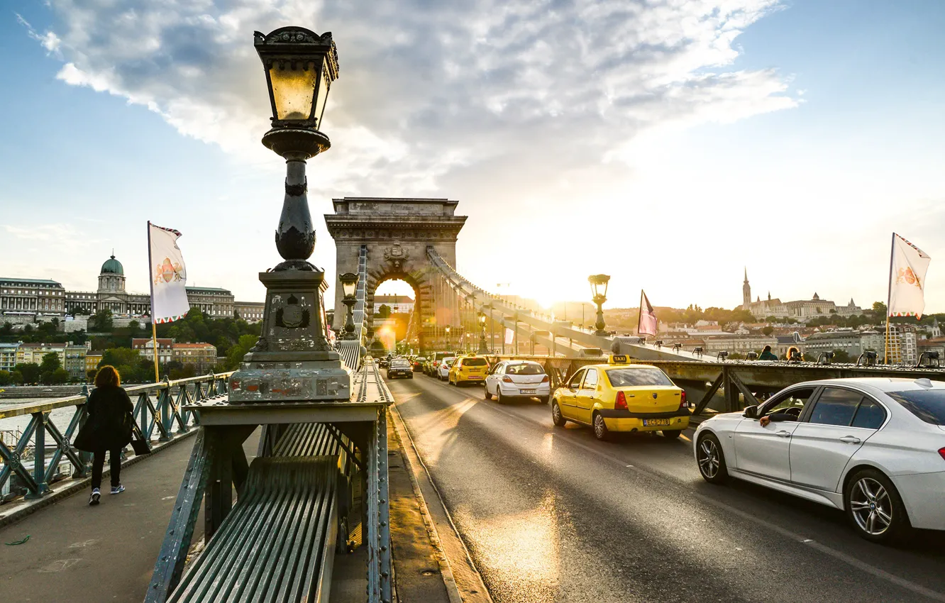 Photo wallpaper auto, the sun, bridge, the city, Hungary, Budapest, Chain Bridge