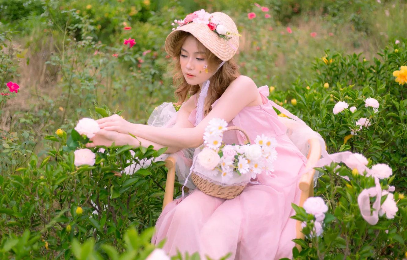 Photo wallpaper greens, summer, girl, flowers, pose, sweetheart, roses, hands