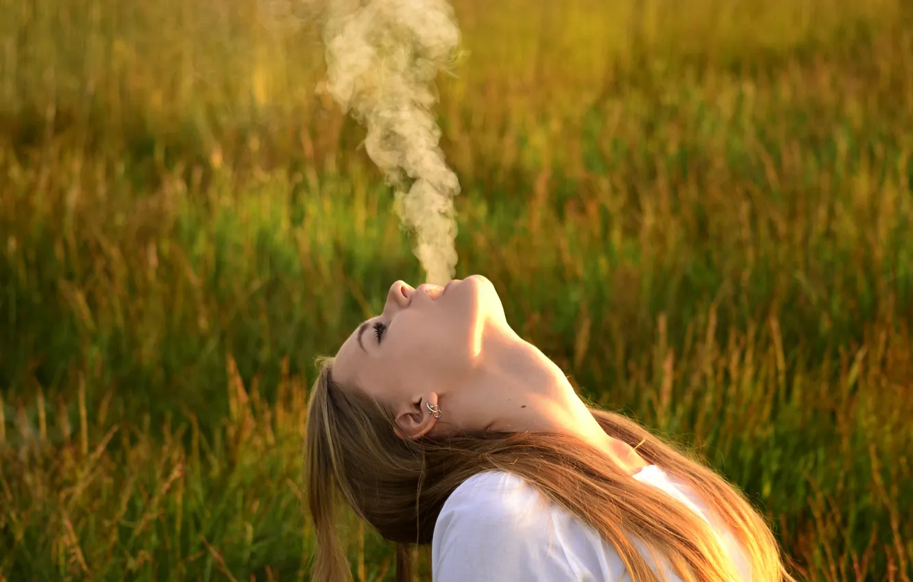 Photo wallpaper field, grass, girl, smoke, Rus, long hair, exhales