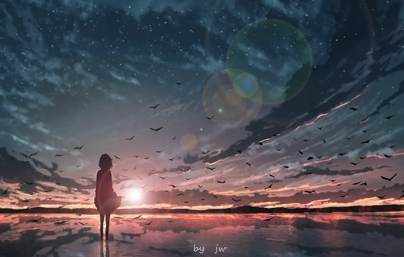 Photo wallpaper sea, girl, sunset