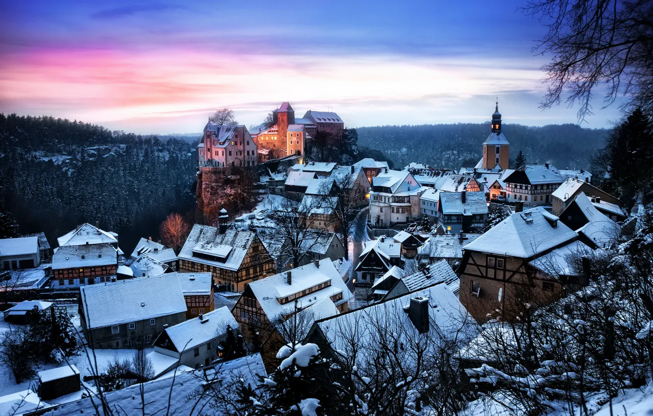 Photo wallpaper winter, forest, snow, trees, sunset, castle, the evening, Germany