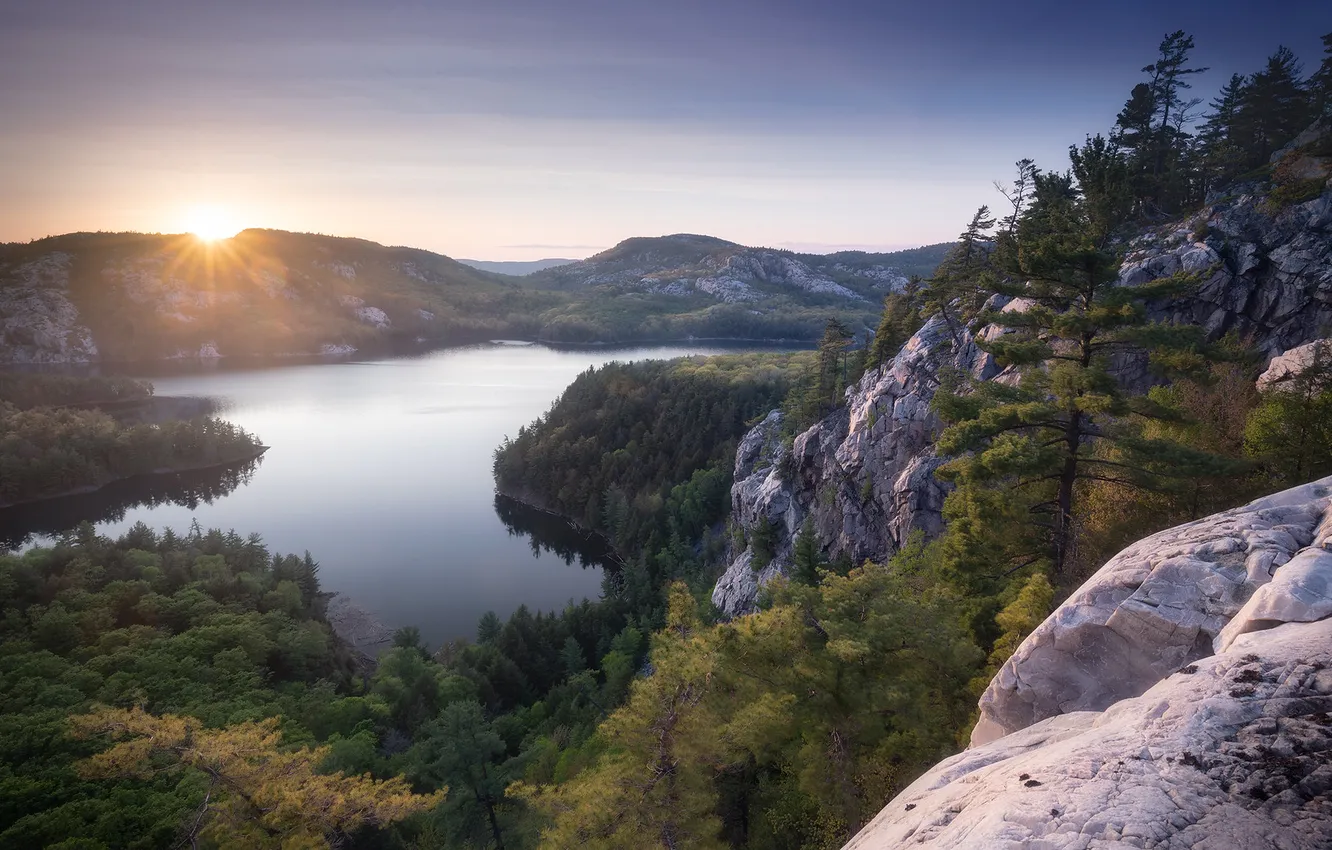 Photo wallpaper forest, the sky, the sun, mountains, fog, lake, stones, rocks