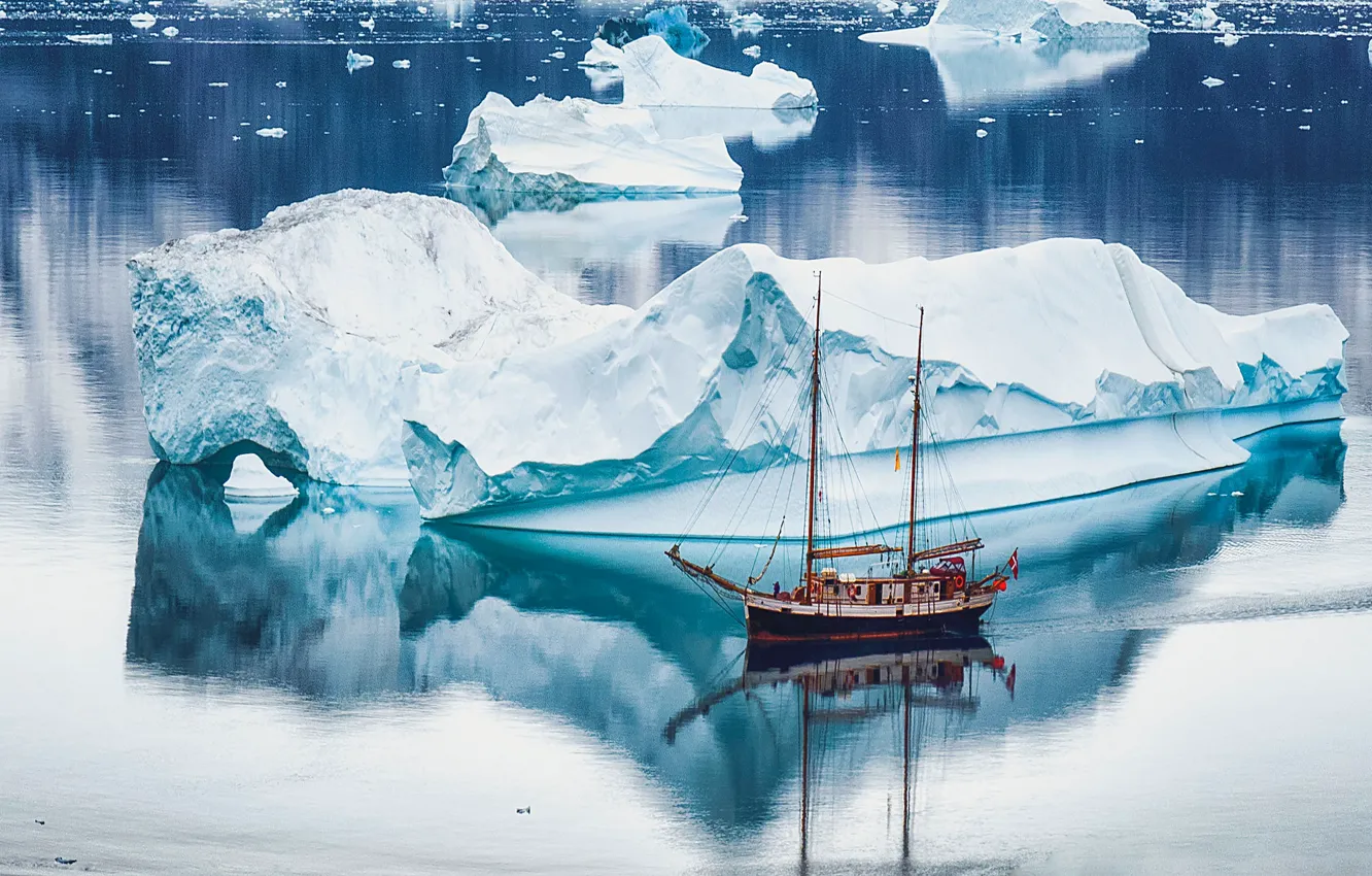 Photo wallpaper ice, sea, ship, sailboat, iceberg, Greenland