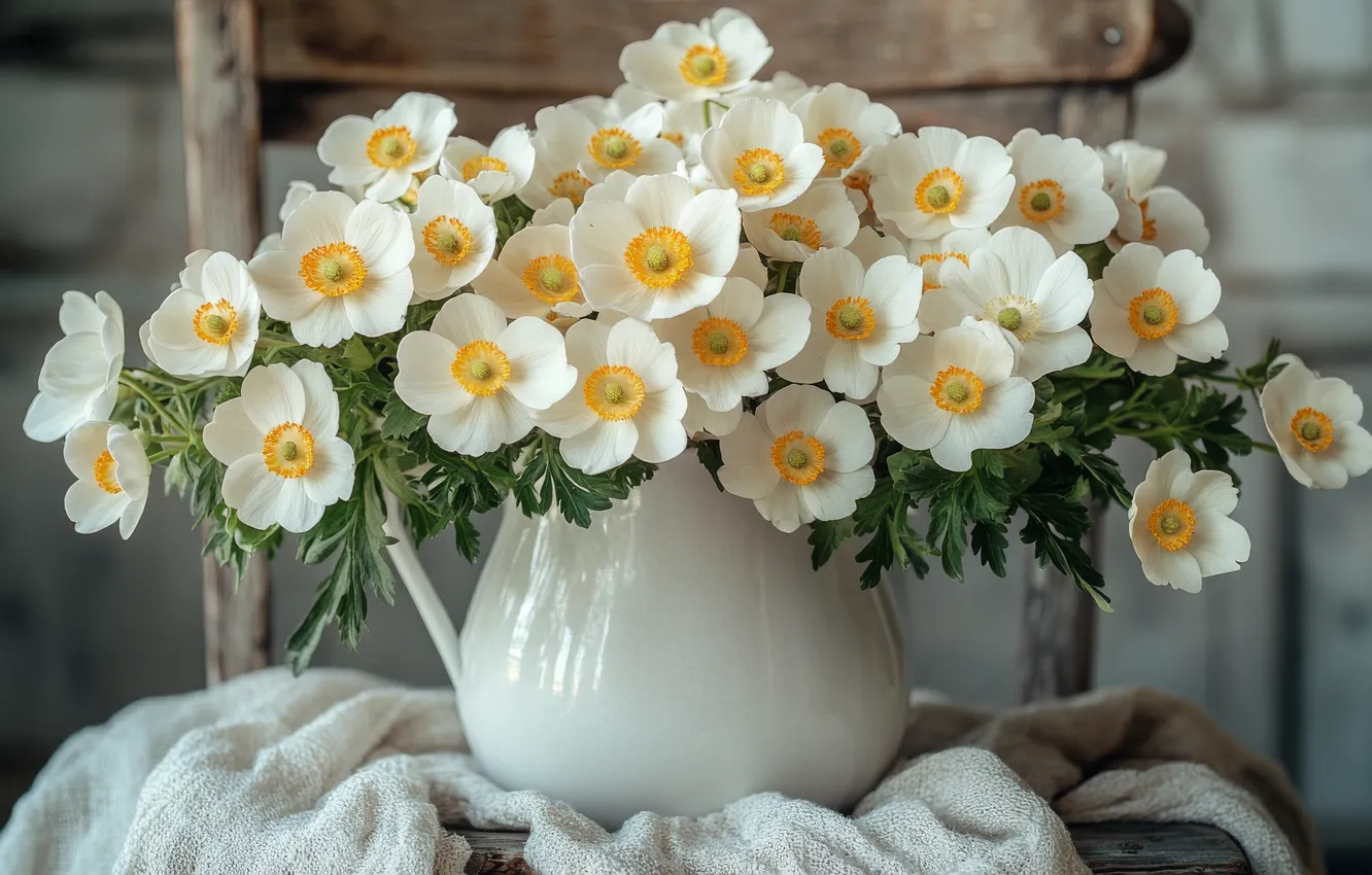 Photo wallpaper flowers, bouquet, spring, chair, fabric, pitcher, white, anemones