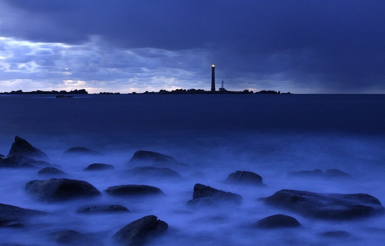 Photo wallpaper sea, blue, lighthouse, Stones