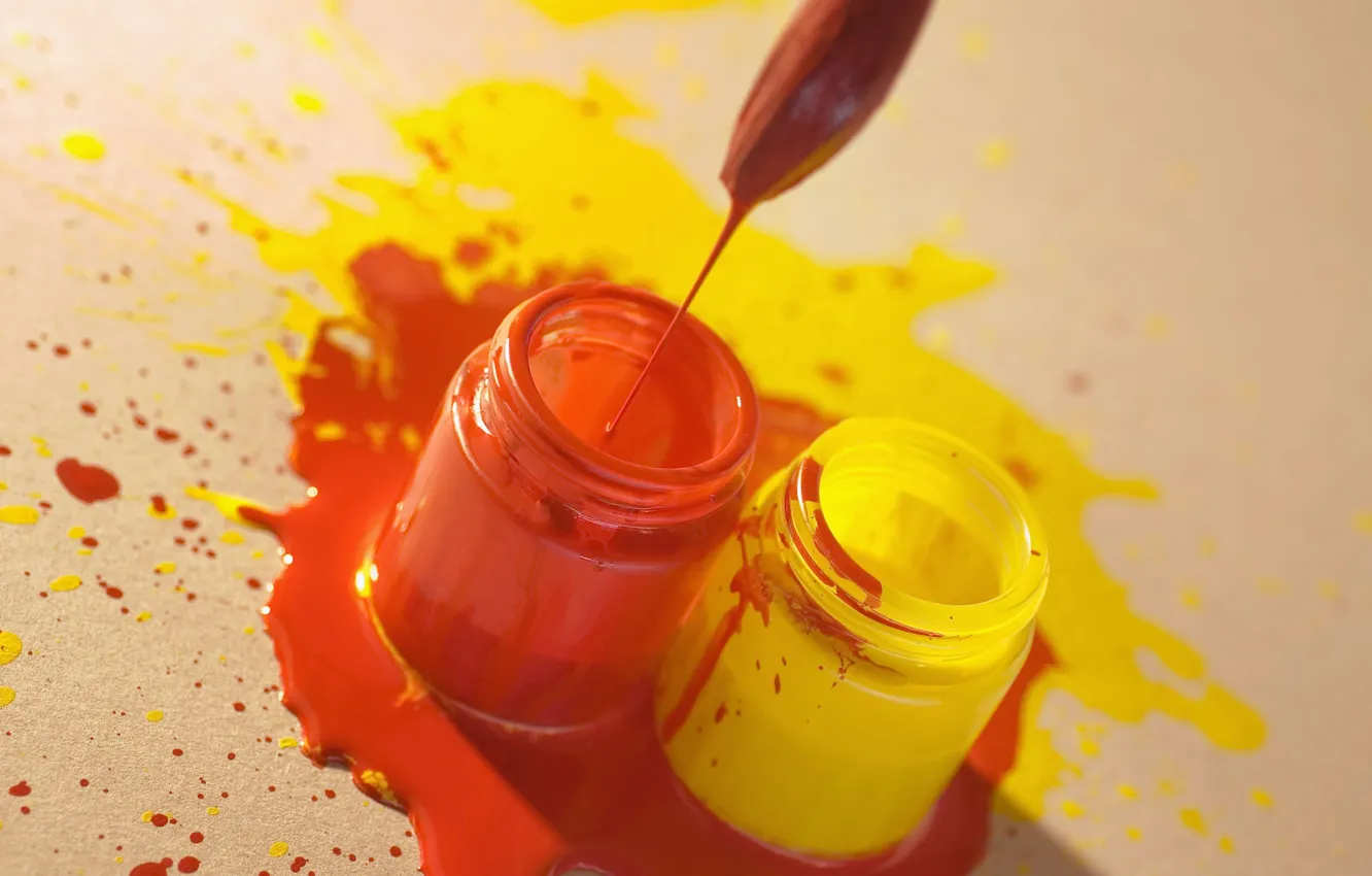 Photo wallpaper orange, yellow, paint, blots, brush, capacity