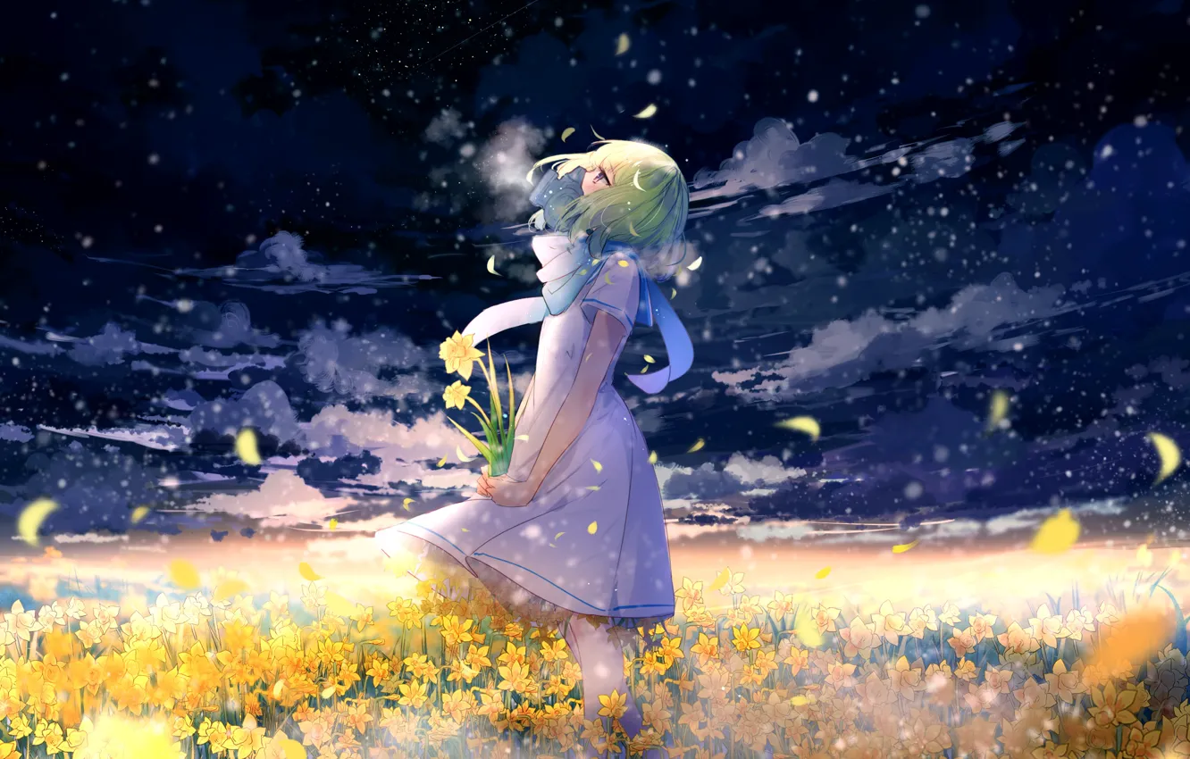 Photo wallpaper petals, girl, white dress, green hair, flower field, a bunch, looking up, the sky in …