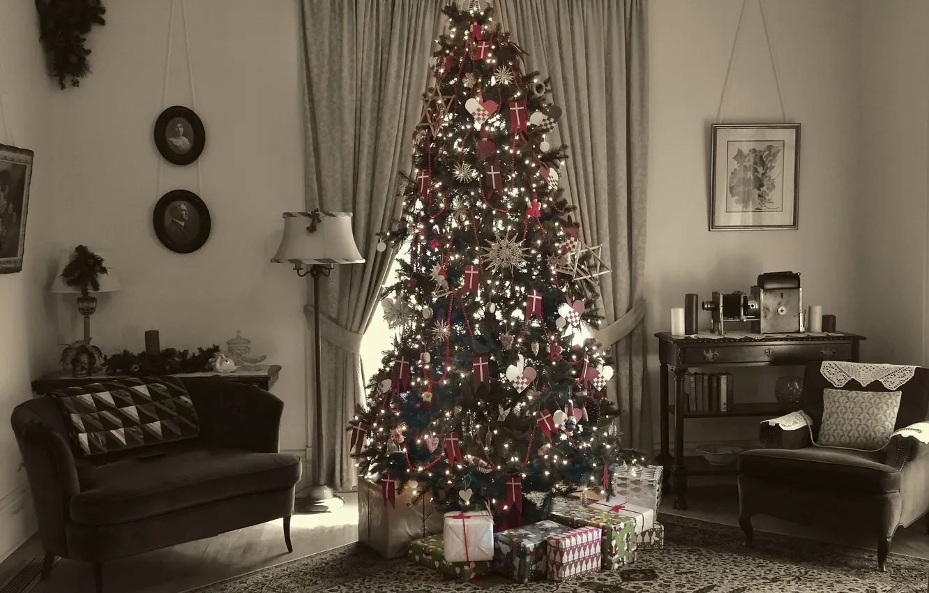 Photo wallpaper house, holiday, tree, Merry Christmas
