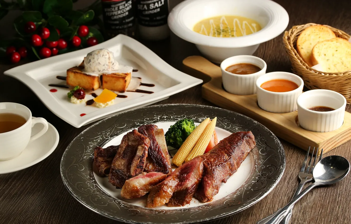 Photo wallpaper corn, meat, vegetables, dessert, sauce, dish, cuts