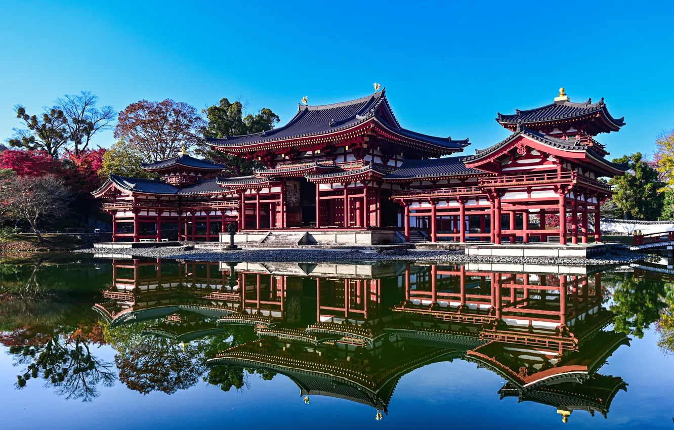 Photo wallpaper pond, reflection, pagoda
