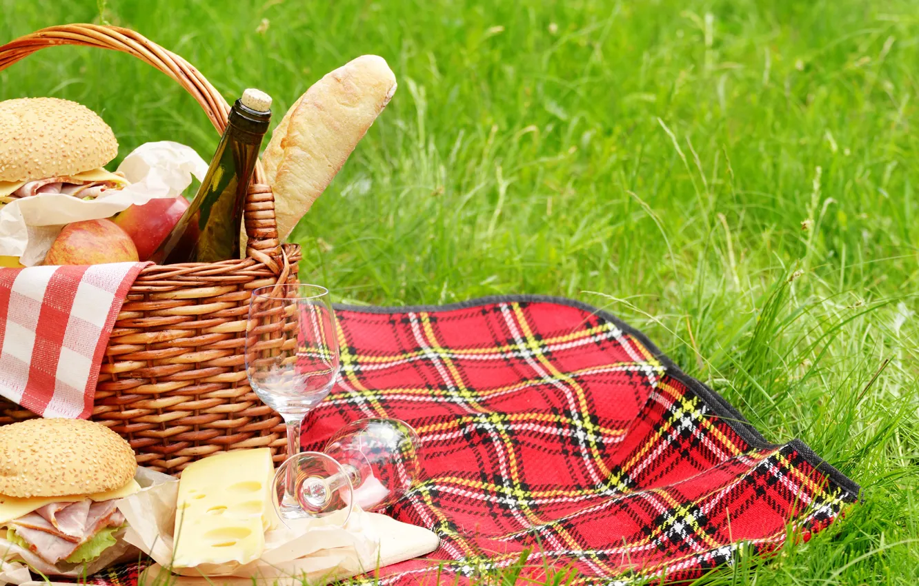 Photo wallpaper greens, grass, wine, basket, glade, apples, glass, bottle