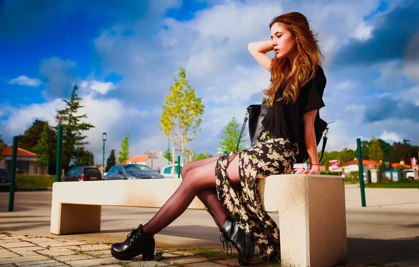 Photo wallpaper road, girl, the sun, clouds, pose, skirt, makeup, shoes