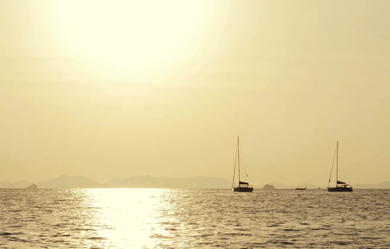 Photo wallpaper sea, the sun, lights, morning, yacht, Two yacht on the sea horizon