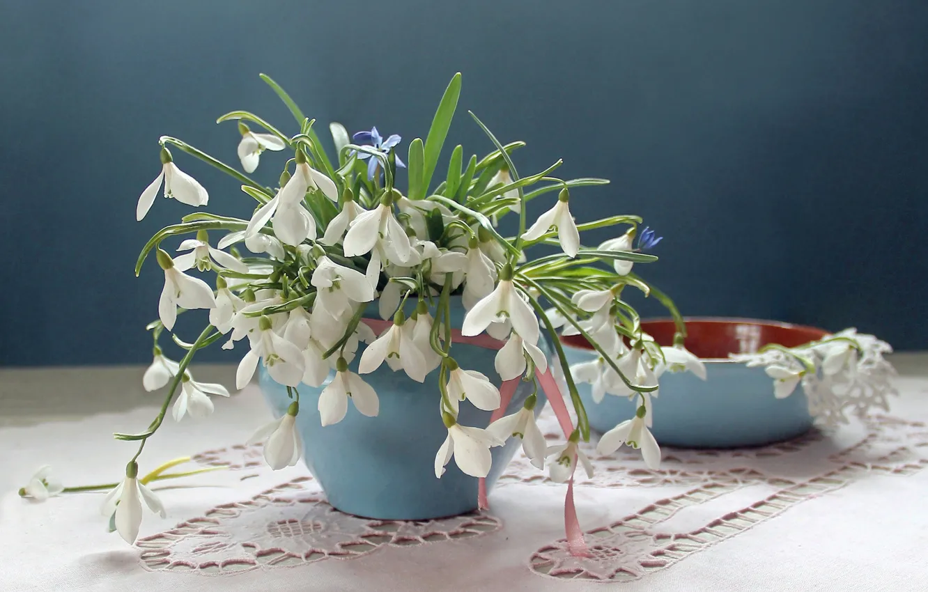 Photo wallpaper snowdrops, napkin, spring bouquet