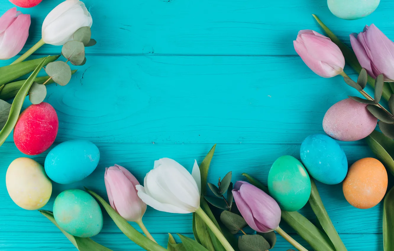 Photo wallpaper flowers, eggs, colorful, Easter, tulips, wood, pink, flowers