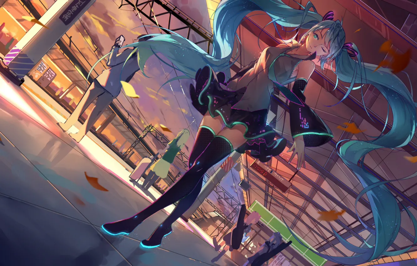 Photo wallpaper leaves, people, station, the evening, stockings, the platform, tie, vocaloid