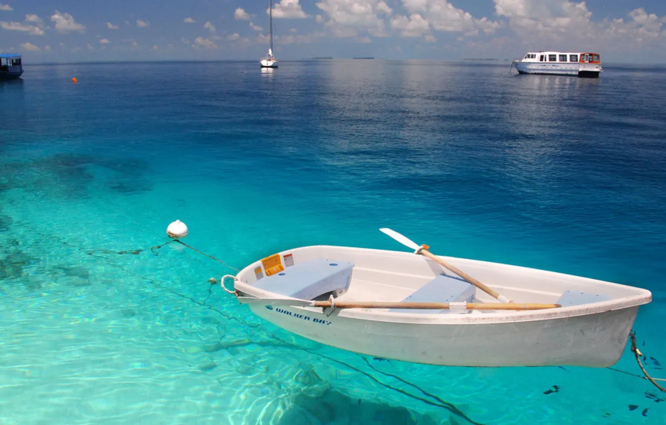 Photo wallpaper water, transparency, the ocean, boat
