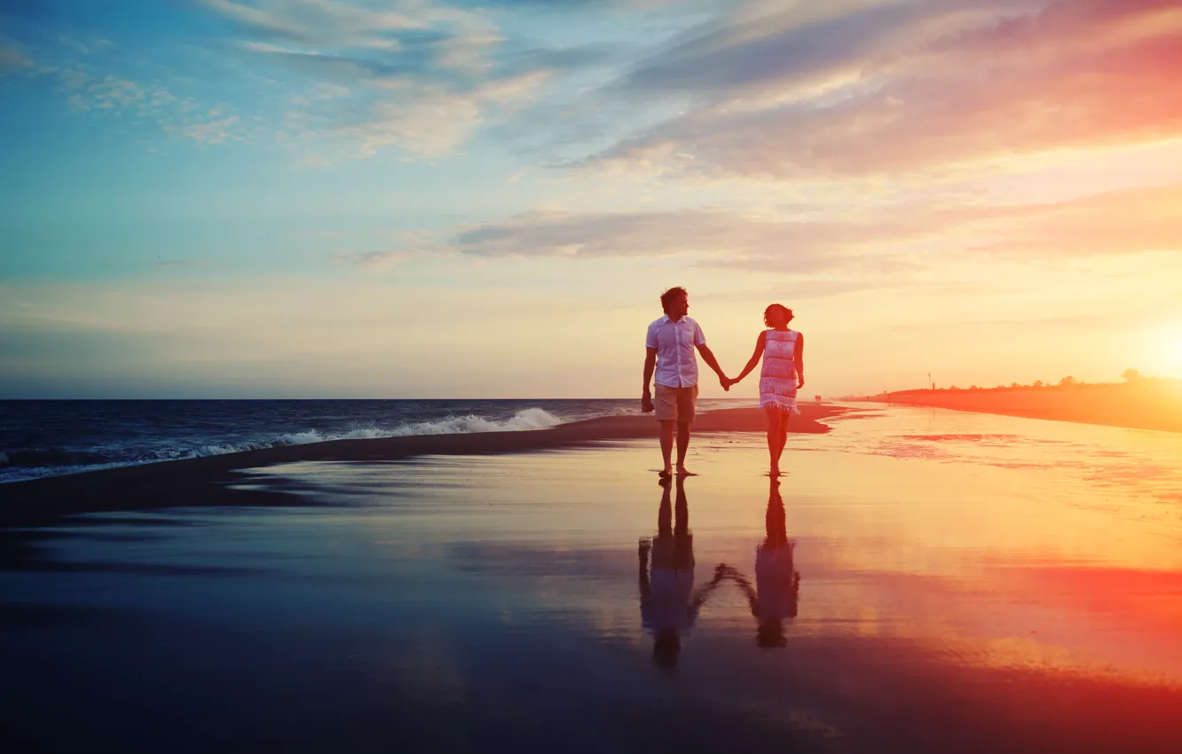 Photo wallpaper sea, love, sunset, pair, relationship, promenade