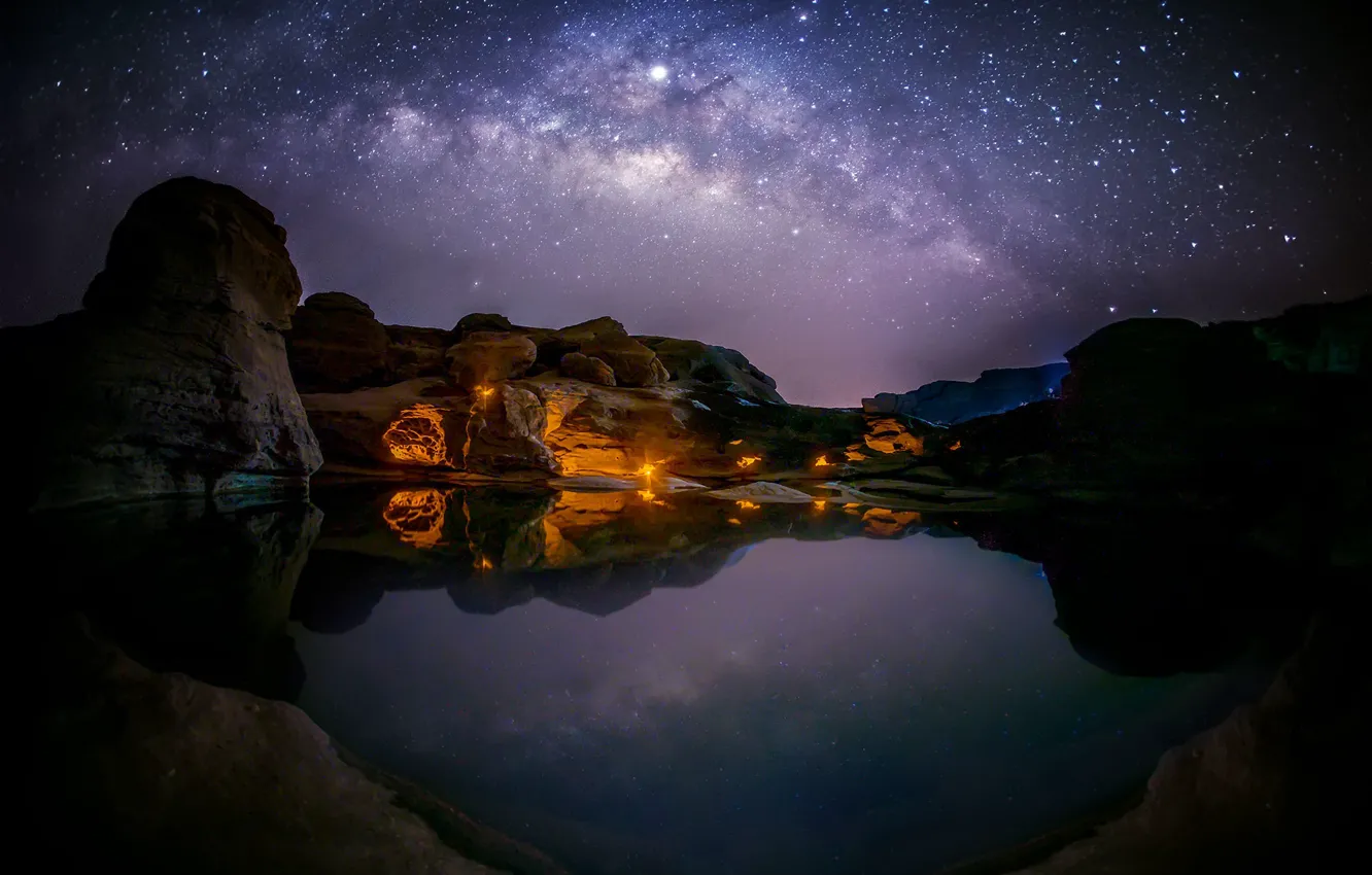 Photo wallpaper stars, lake, rocks, the milky way