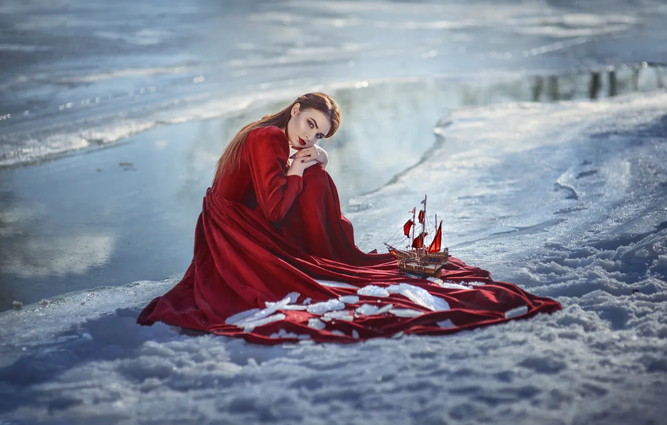 Photo wallpaper snow, sailboat, makeup, dress, sponge, in red, Assol
