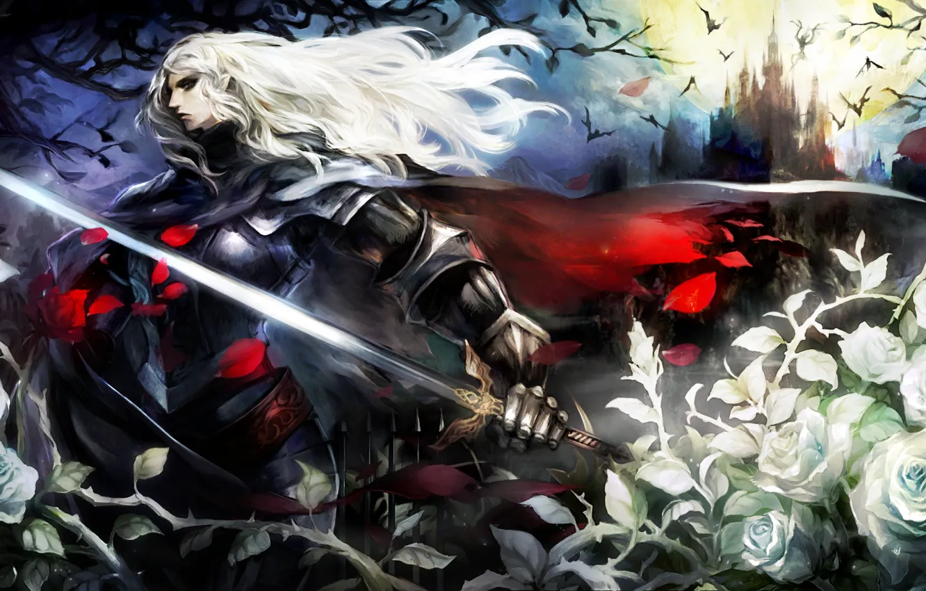 Photo wallpaper flowers, weapons, castle, armor, guy, the full moon, gesture, art