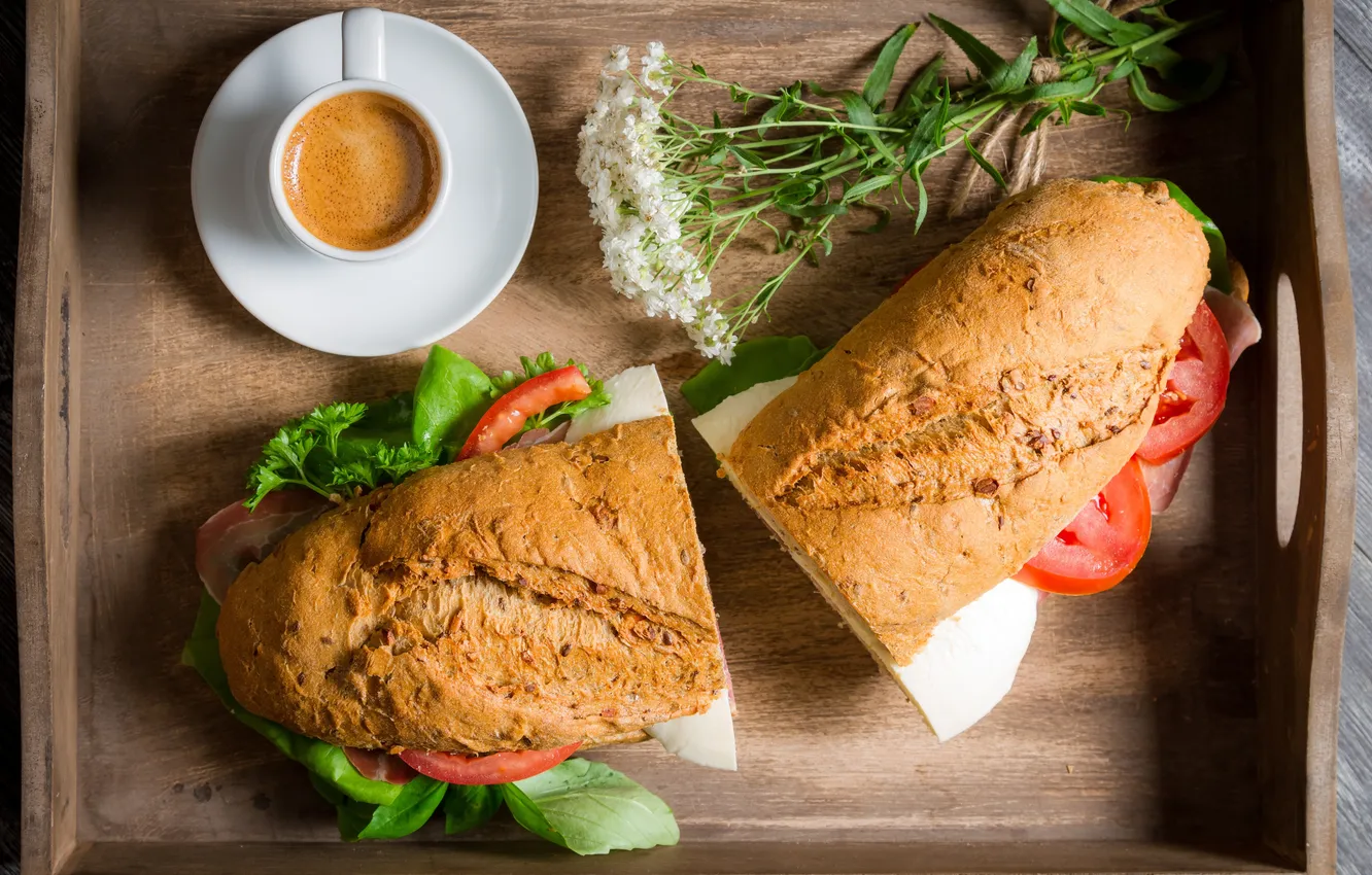 Photo wallpaper greens, flowers, coffee, bread, Cup, tomatoes, saucer, tray
