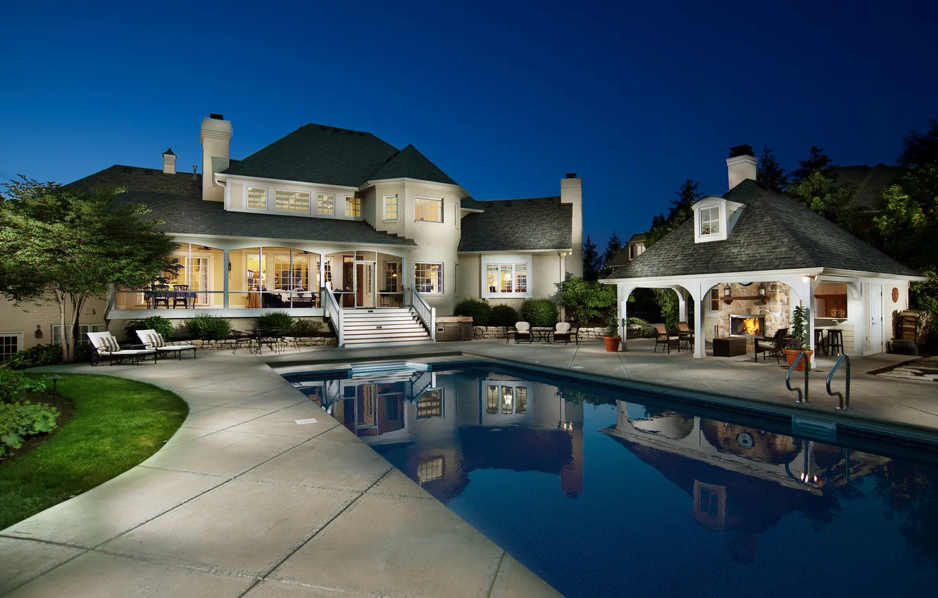 Photo wallpaper pool, night, Luxury home