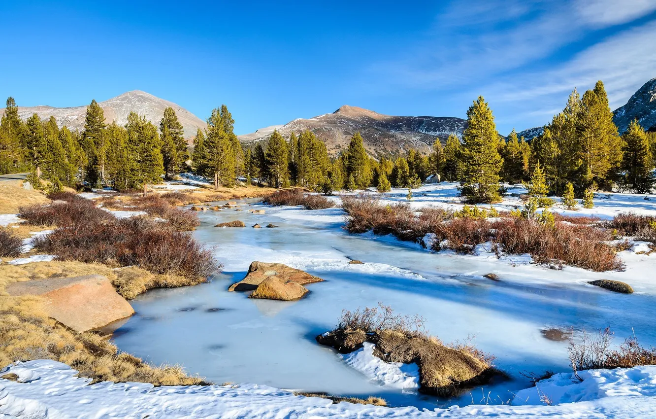 Photo wallpaper ice, winter, the sky, snow, trees, mountains, stream, stones