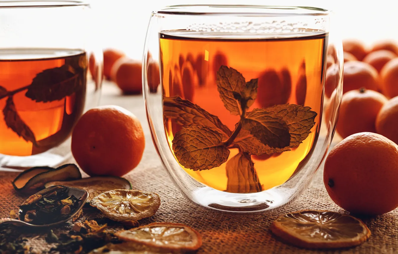 Photo wallpaper tea, mint, tangerines