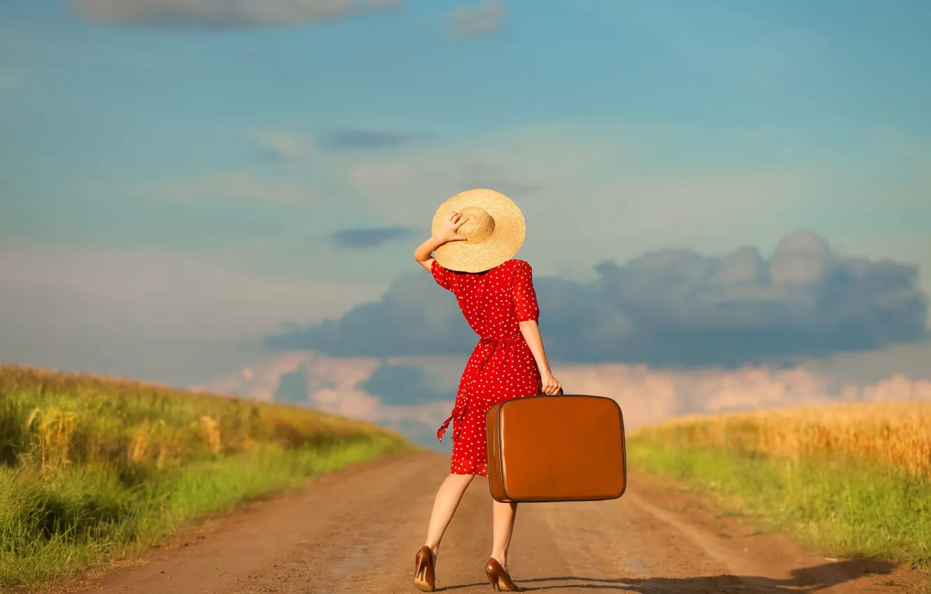 Photo wallpaper road, the sky, clouds, Girl, dress, suitcase, hat