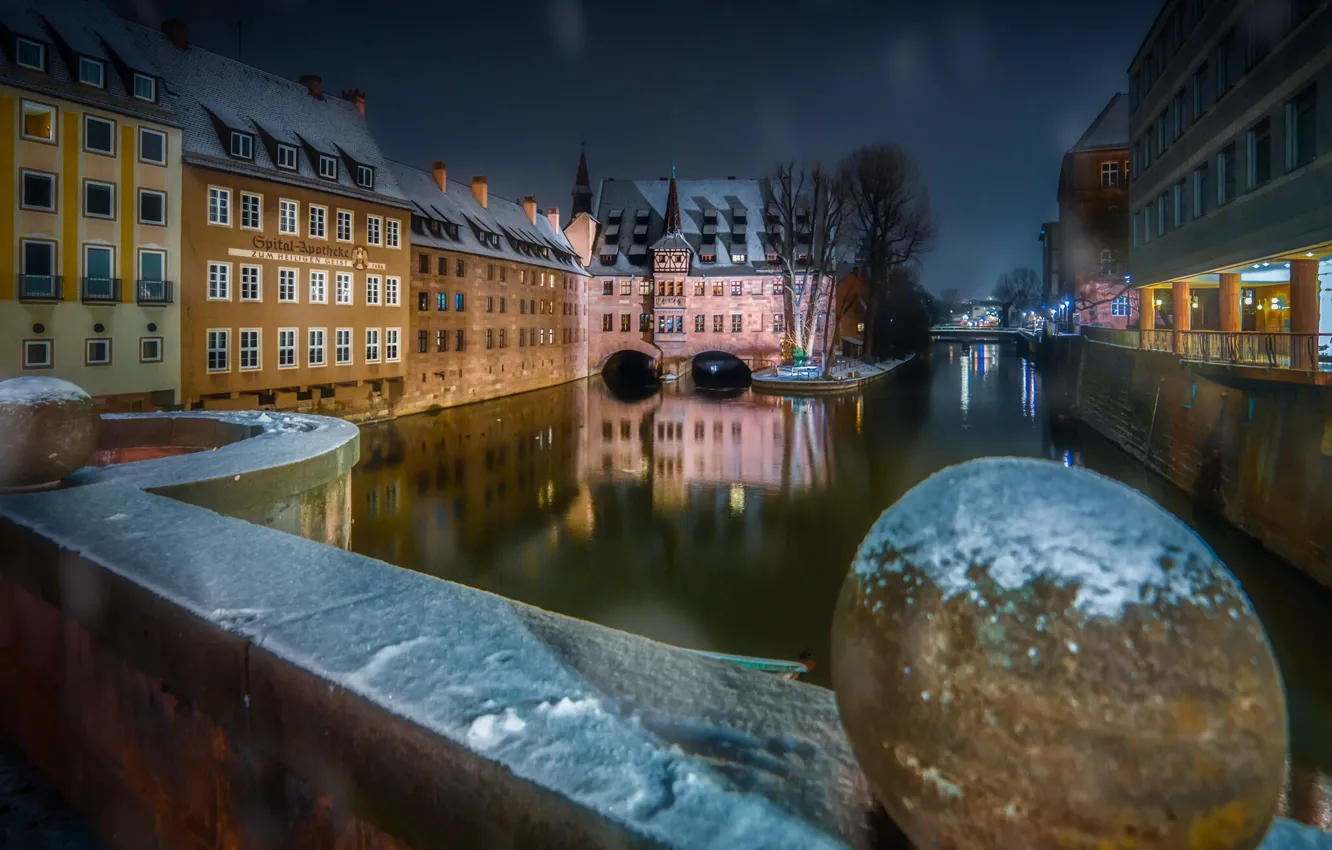 Photo wallpaper winter, night, the city, river, home, Germany, Bayern, Nuremberg