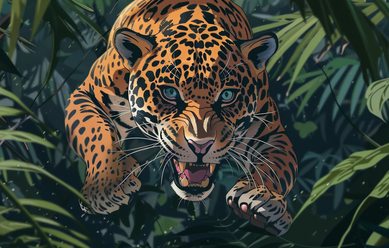 Photo wallpaper Leaves, Jump, Jaguar, Face, Predator, Jungle, Front, Digital art