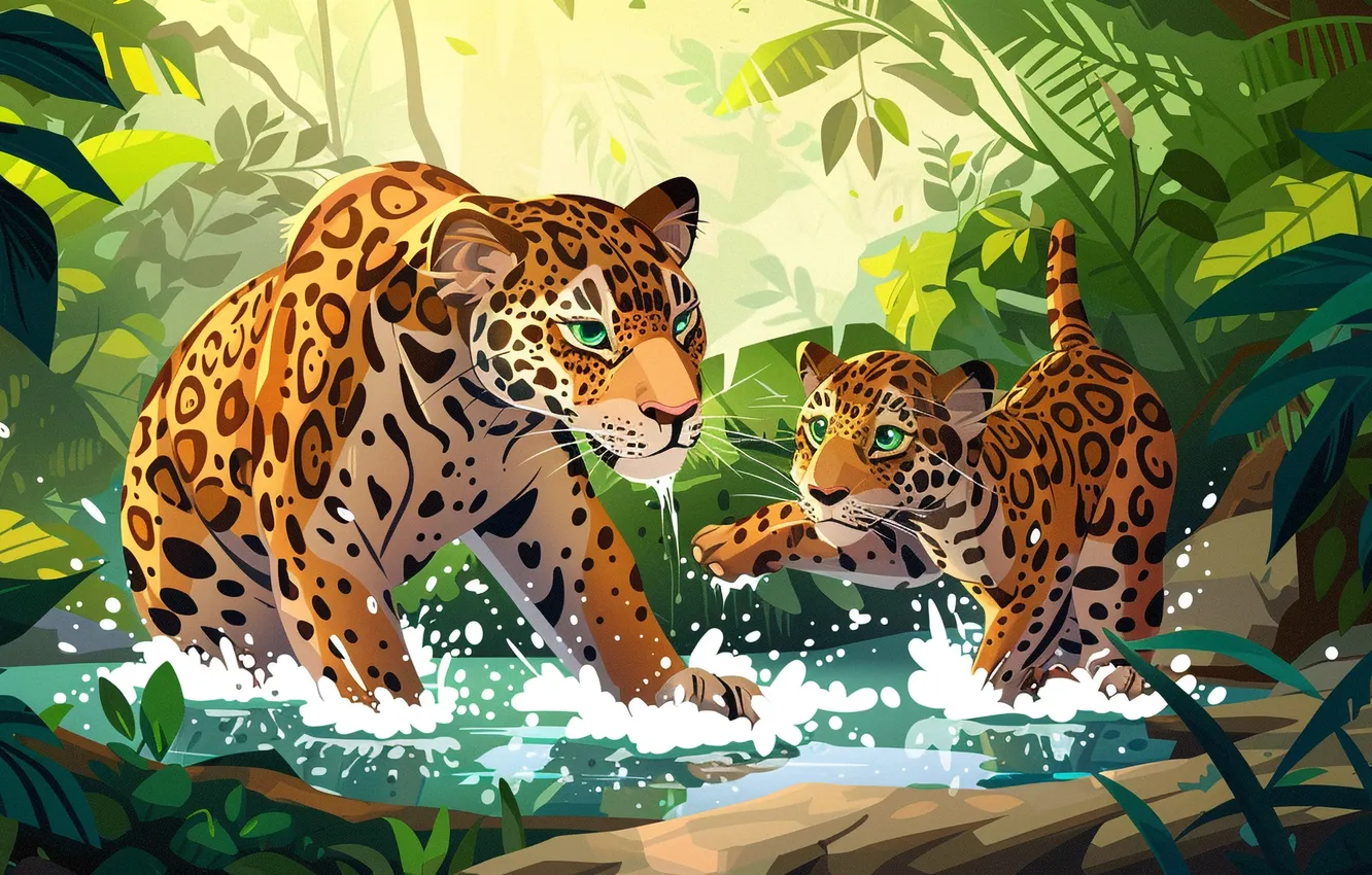 Photo wallpaper water, predator, Jaguar, cub, kitty, two, big cats, digital art