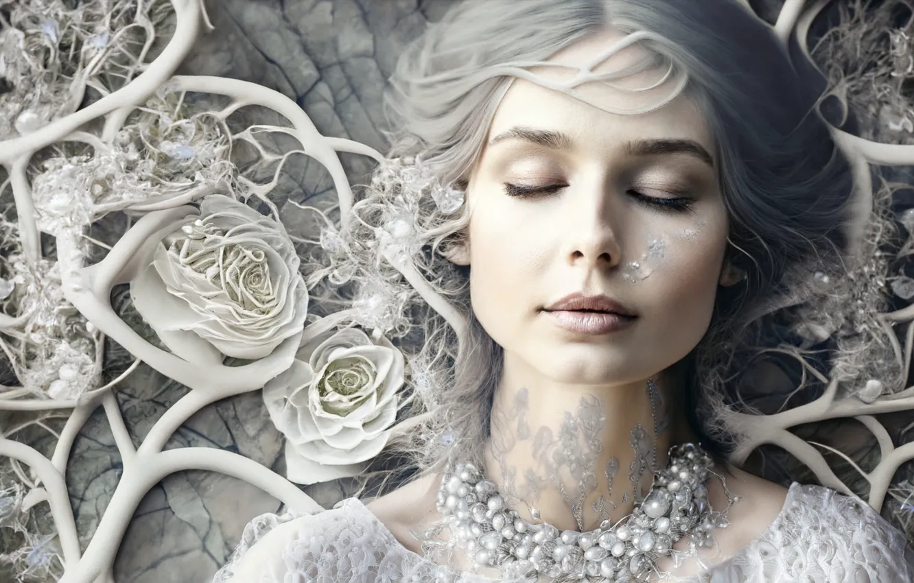 Wallpaper winter, frost, girl, flowers, branches, face, portrait, roses ...