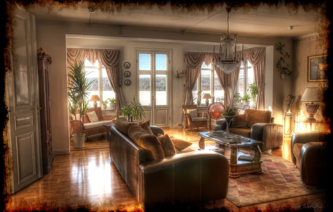 Photo wallpaper retro, photo, sofa, HDR, interior, chandelier